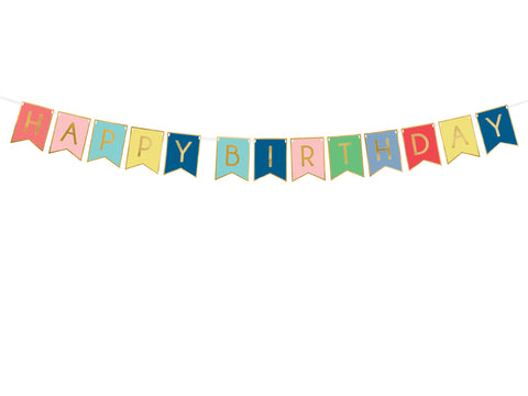 Banner Happy Birthday Multicolor con letras doradas