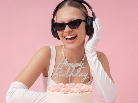 Topper acrílico “Happy Birthday” en brillo plateado