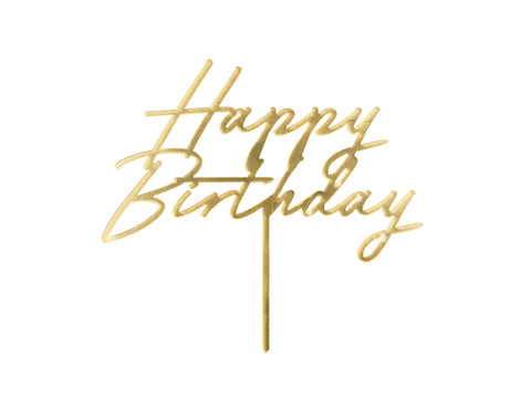Topper acrílico “Happy Birthday” en brillo dorado